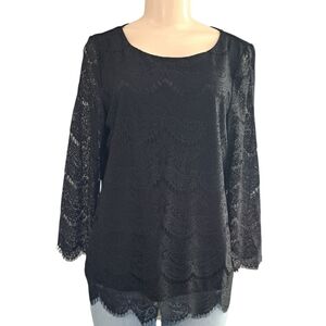 Adrianna Papell Black Scalloped Lace Top Size L NWT